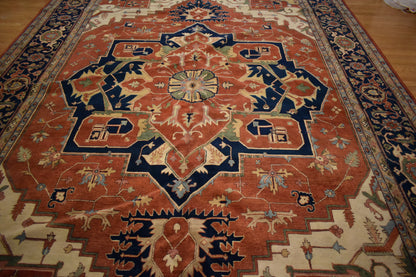 Indian Heriz Serapi Rug, 11'8" x 17'9", in baby blue, beige, brick and navy