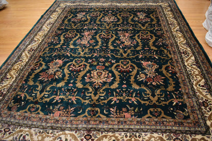 Vintage Indian Kashan Rug, 8'11" x 12', in gold, ivory, pink and teal