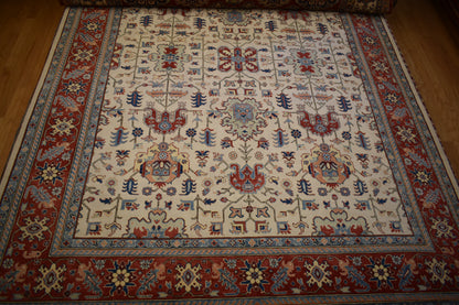 Afghan Kazak Rug, 9' x 11'11", in blue, ivory and red