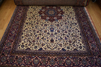 Antique Persian Kashan Rug, 8'10" x 13'1", in baby blue, blue, burgundy and navy