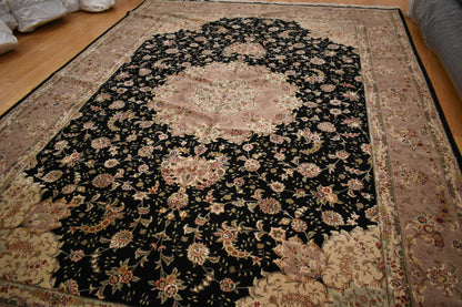 Sino Tabriz Rug with Silk, 10' x 14', in black, pink and pistachio