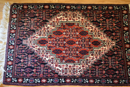Vintage Persian Senneh Rug, 2'5" x 3'7", in ivory, navy and rust