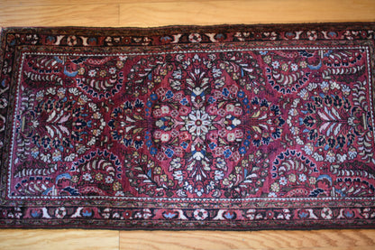 Antique Persian Sarouk Rug, 2' x 3'11", in blue, burgundy, cream and navy