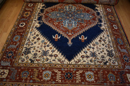 Afghan Heriz Rug, 9' x 12'2", in baby blue, blue, brick and camel