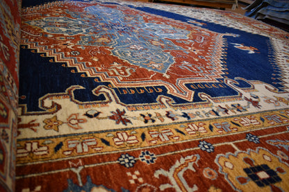Afghan Heriz Rug, 9' x 12'2", in baby blue, blue, brick and camel - photo 2