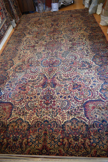 Antique Persian Kerman Lavar Rug, 11'9" x 21'7", in baby blue, blue, ivory and pink
