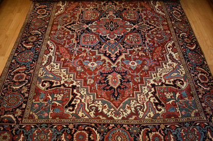 Antique Persian Heriz Rug, 9'3" x 12'2", in blue, brick and navy