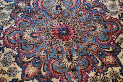 Antique Persian Kerman Lavar Rug, 11'9" x 21'7", in baby blue, blue, ivory and pink - photo 9