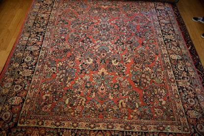 Antique Persian Sarouk Rug, 8'6" x 11'7", in baby blue, navy, pink and salmon