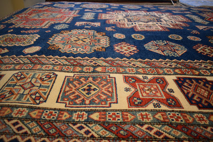 Afghan Kazak Rug, 9' x 11'8", in blue, ivory, navy and red - photo 3