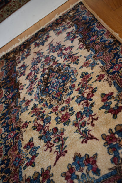 Antique Persian Kerman Rug, 2' x 4', in blue, green, ivory and pink