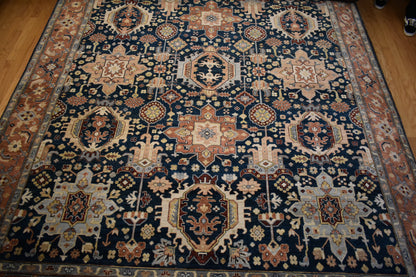 Indian Karajh Rug, 9' x 11'9", in brick, camel, ivory and navy