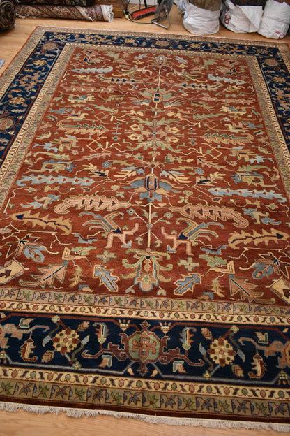 Indian Heriz Serapi Rug, 9'11" x 13'10", in brick and navy