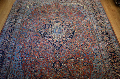 Antique Persian Kashan Rug, 8'10" x 11'6", in baby blue, navy and pink - photo 7