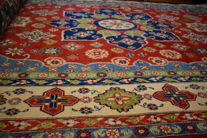 Afghan Kazak Rug, 8'8" x 12'1", in blue, cream, green and red - photo 2