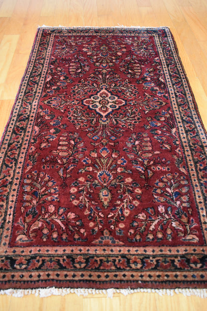 Antique Persian Sarouk Rug, 2' x 4', in navy, salmon and wine