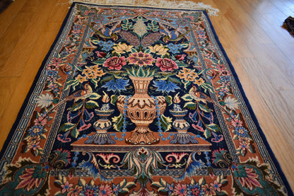 Vintage Persian Tabriz Rug with Silk, 2'5" x 3'6", in blue, navy, pink and rust