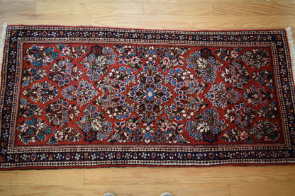 Antique Persian Sarouk Rug, 2'6" x 5', in blue, navy and red