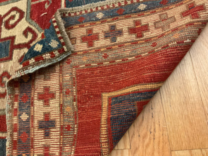 Antique Russian Kazak Rug, 3'7" x 4'5", in blue, ivory and red - photo 3