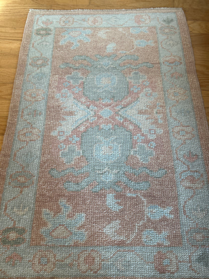 Turkish Oushak Rug, 2'5" x 3'7", in cream, peach, pink and teal