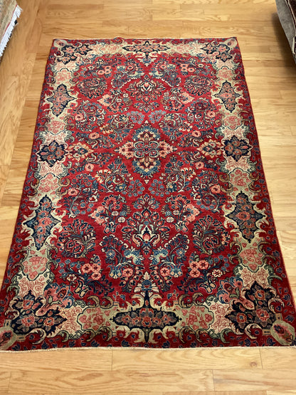 Antique Persian Sarouk Rug, 4'2" x 6'8", in ivory, navy, pink and red - photo 2