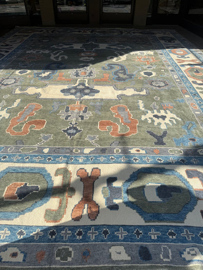 Turkish Oushak Rug, 16'4" x 21', in blue, green, ivory and rust - photo 5