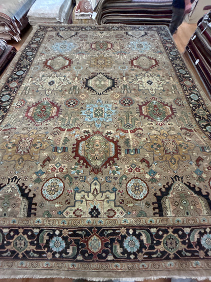 Indian Karajh Rug, 9' x 12'5", in baby blue, navy, red and tan