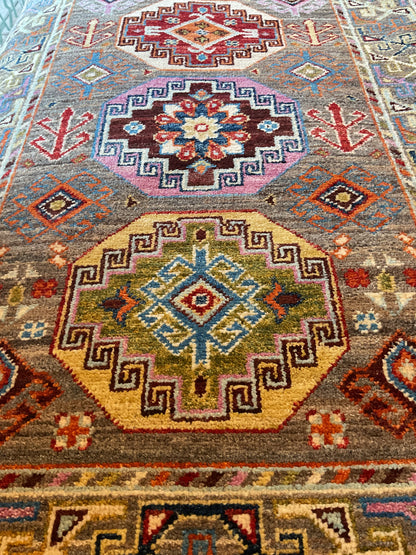 Afghan Turkman Runner, 2'9" x 9'7", in gold, green, grey and pink