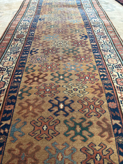 Antique Persian Kurdish Runner, 3'7" x 18', in camel, green, ivory and navy