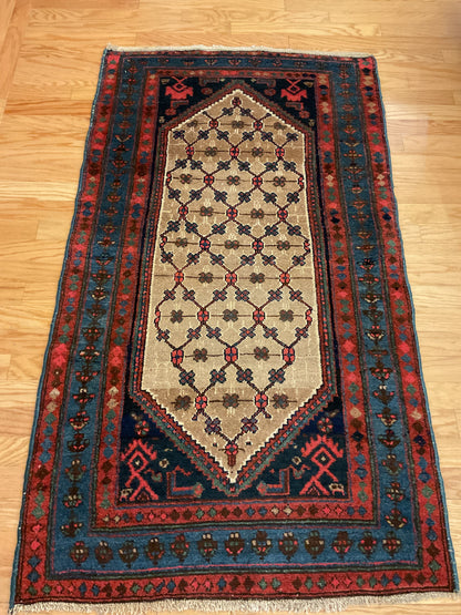 Antique Persian Kurdish Hamadan Rug, 3'5" x 6', in beige, blue, navy and red