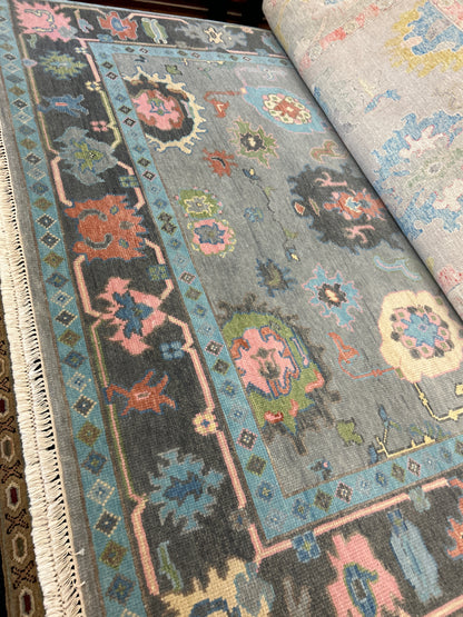 Indian Oushak Rug, 8'2" x 9'11", in charcoal, grey, pink and teal - photo 2