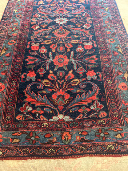 Antique Persian Mehraban Runner, 3' x 16'10", in navy, red and teal