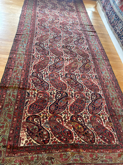 Antique Persian Kurdish Malayer Runner, 6'6" x 16'9", in green, ivory, navy and red