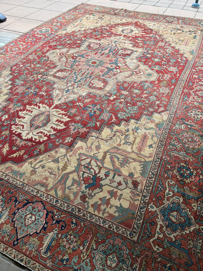 Antique Persian Serapi Rug, 13'1" x 19', in beige, red and teal
