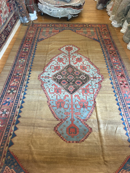Antique Persian Serapi Rug, 11'3" x 20'10", in baby blue, brick, camel and navy