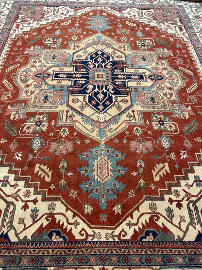 Indian Heriz Rug, 11'11" x 15', in baby blue, ivory, navy and rust
