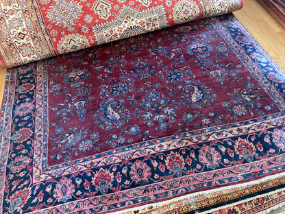 Antique Persian Sarouk Rug, 9' x 11'4", in blue, burgundy and navy