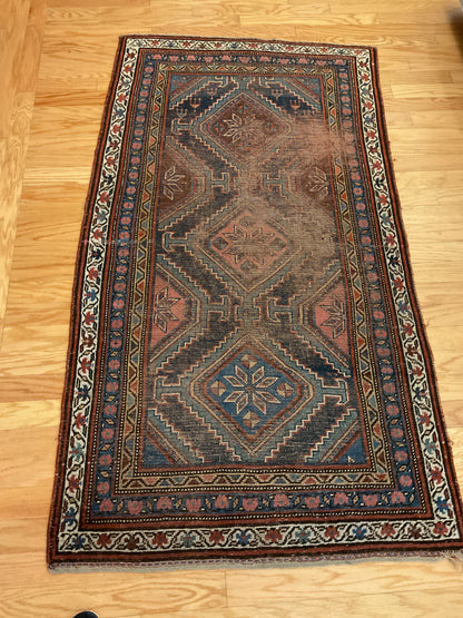 Antique Persian Kurdish Rug, 3'5" x 6'3", in blue, brown, ivory and salmon