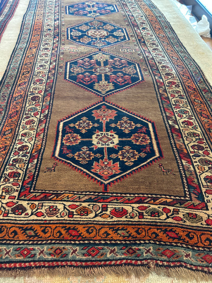 Antique Persian Kurdish Bidjar Runner, 3'7" x 14'7", in camel, ivory, navy and orange