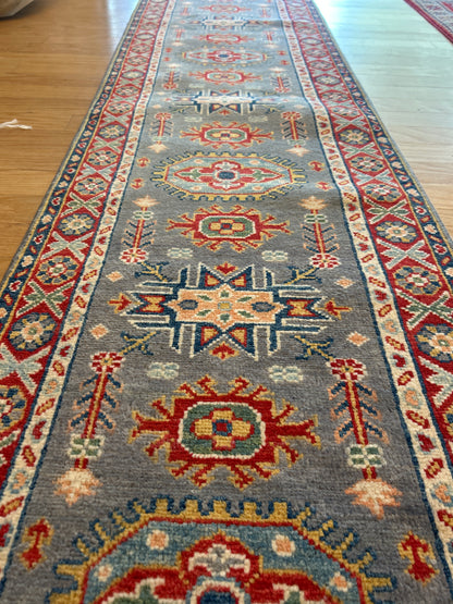 Afghan Kazak Runner, 1'11" x 7'5", in grey, ivory, navy and red - photo 2