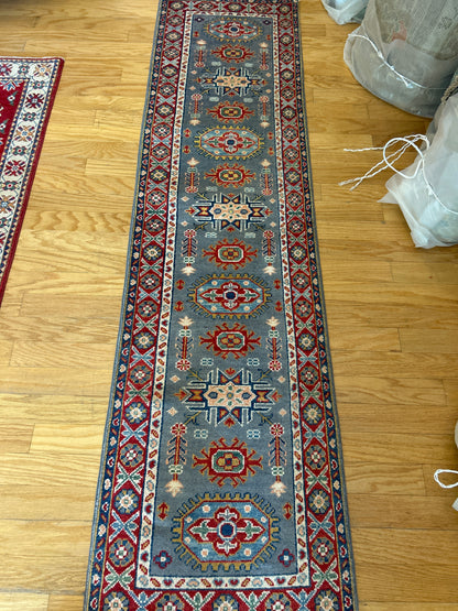 Afghan Kazak Runner, 1'11" x 7'5", in grey, ivory, navy and red