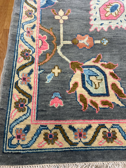 Indian Oushak Rug, 8'11" x 11'10", in baby blue, charcoal, gold and pink - photo 2