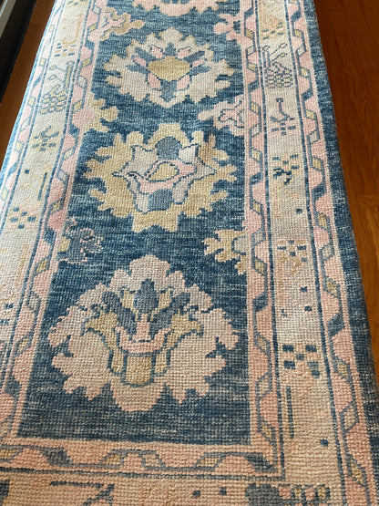 Turkish Oushak Runner, 2'9" x 11'9", in blue, gold, ivory and peach