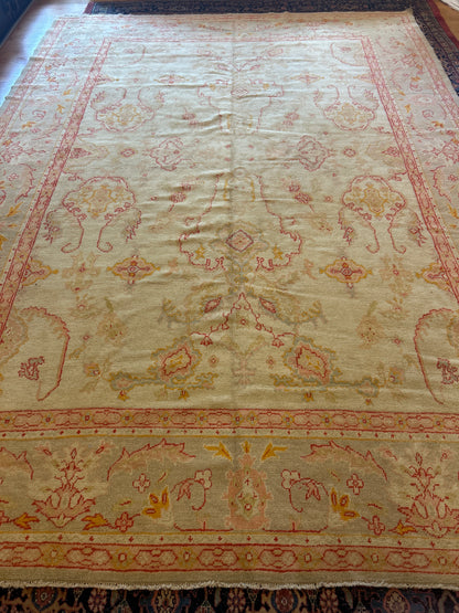 Antique Turkish Oushak Rug, 9'5" x 13', in gold, khaki and red