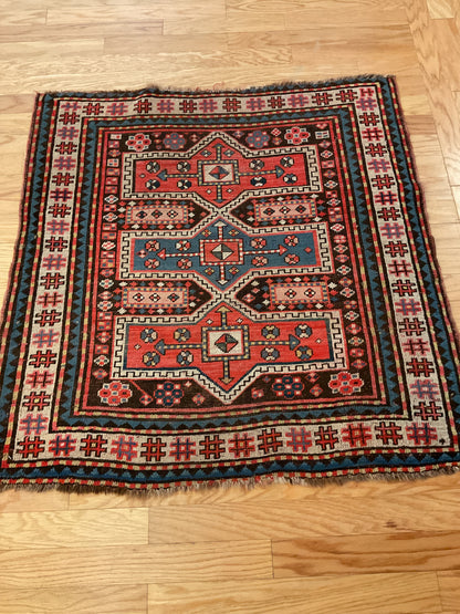 Antique Russian Kazak Rug, 3'8" x 3'9", in black, ivory, salmon and teal - photo 4