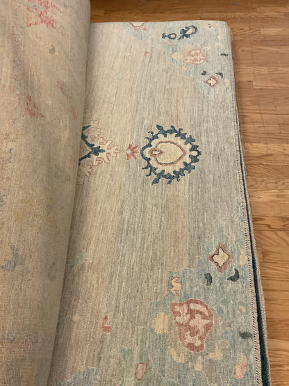 Afghan Oushak Rug, 8'1" x 9'9", in baby blue, navy and rose