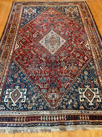 Antique Persian Shiraz Rug, 5'6" x 8'6", in ivory, navy and red