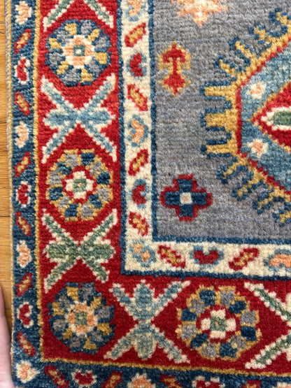 Afghan Kazak Runner, 1'11" x 7'5", in grey, ivory, navy and red - photo 4