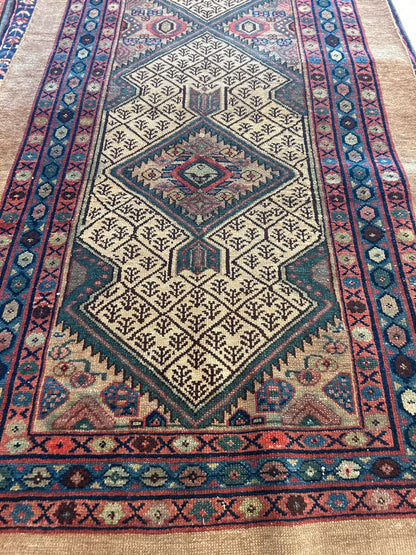 Antique Persian Malayer Runner, 3'4" x 13'1", in blue, ivory, navy and red