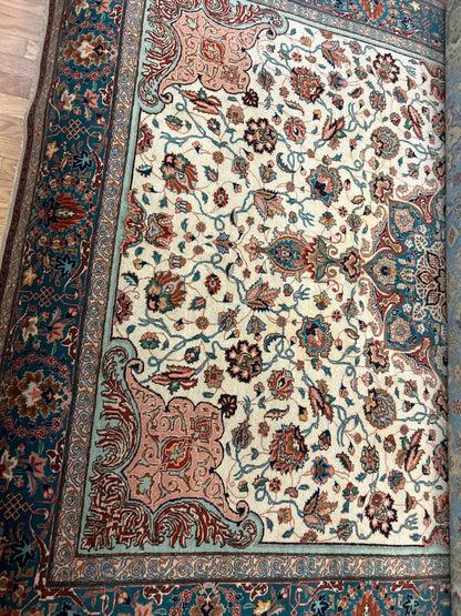 Vintage Persian Tabriz Rug, 8'1" x 10'1", in ivory, pink, red and teal